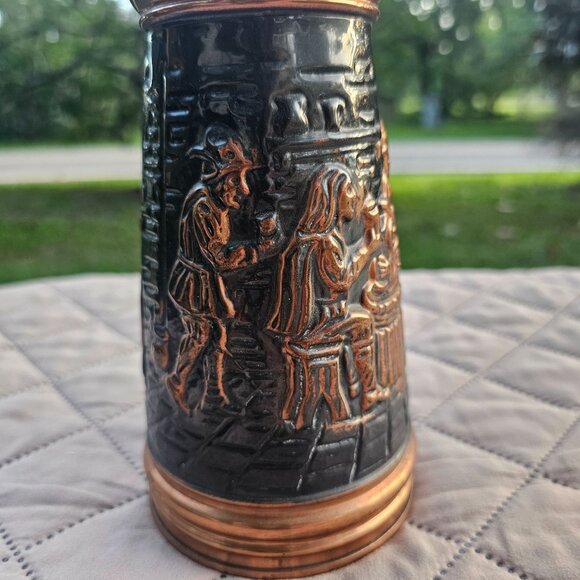 Vintage Decorative Embossed Copper and Brass Pitcher Old World Tavern Scene 8" - Picture 6 of 14